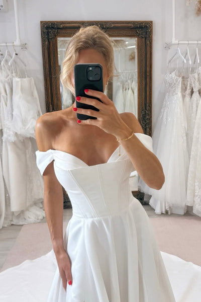 Ball Gown Off the Shoulder Heavy Satin Wedding Dress with Slit AB05060801