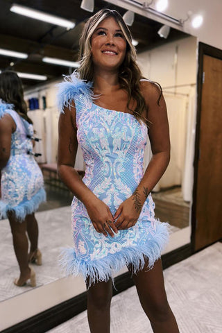 Cute Bodycon One Shoulder Light Blue Lace Sequins Short Homecoming Dresses with Feather AB101401