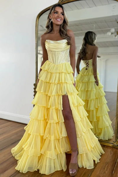 Gorgeous A Line Strapless Daffodial Tiered Chiffon Long Prom Evening Dresses VK25052838