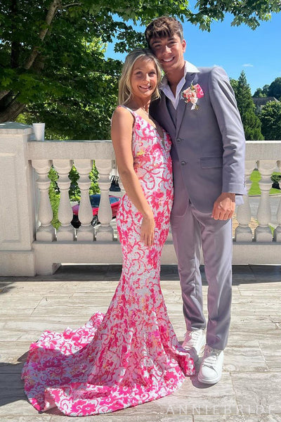 Cute Mermaid V Neck Blue Pink Sequins Long Prom Dresses AB24102217