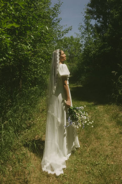 A-Line Square Neck Short Sleeves Satin Wedding Dress AB25092307