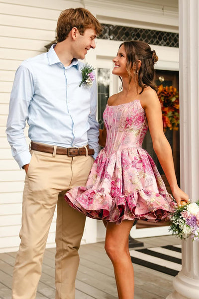 A Line Scoop Neck Pink Jacquard Satin Homecoming Dress AB25100406