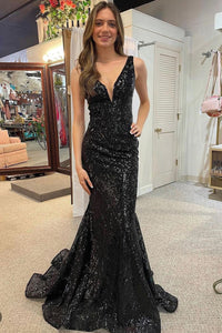 Cute Mermaid V Neck Black Sequins Prom Dresses AB121603