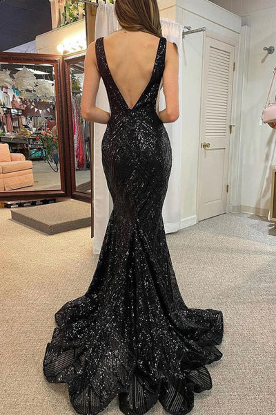 Cute Mermaid V Neck Black Sequins Prom Dresses AB121603