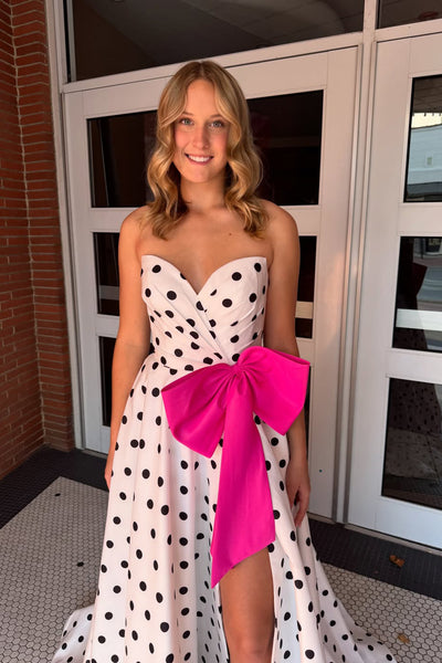 A Line Sweetheart Black Dot Floral Satin Prom Dress with Bow AB25120607