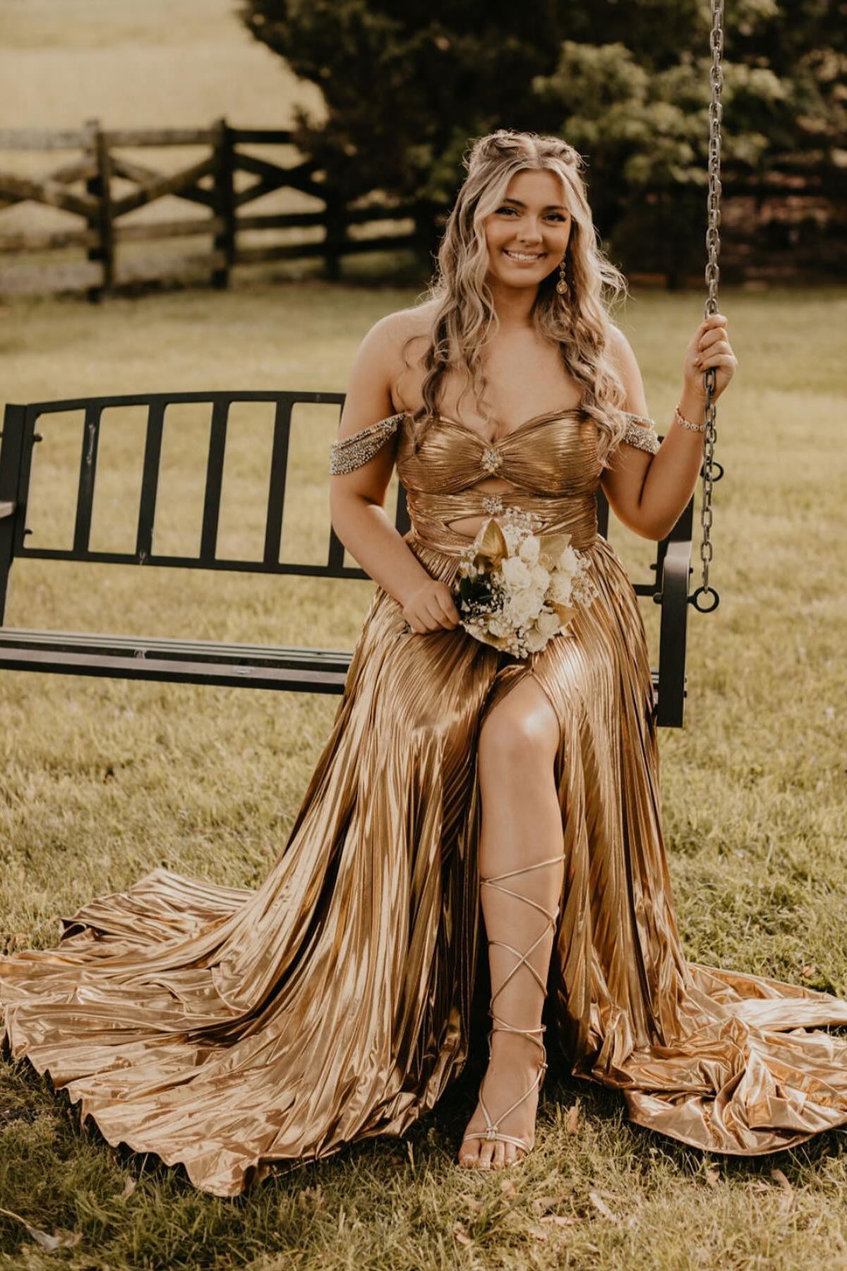 metallic pleated prom dress Strapless Keyhole Metallic Pleated A-line Prom Dress with Slit S8317PG - Prom Dresses