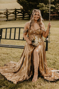 Charming A Line Off the Shoulder Gold Metallic Pleated Long Prom Dress Anniebride Charming A Line Off the Shoulder Gold Metallic Pleated Long Prom Dress Anniebride