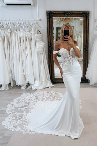 Romantic Mermaid Off the Shoulder Satin Wedding Dress with Appliques AB25092708