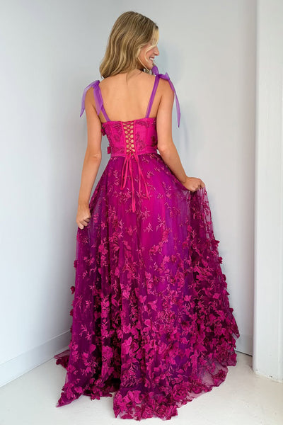 A-Line Sweetheart Purple Lace Long Prom Dresses with Slit AB25031803