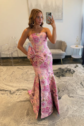 Charming Mermaid Strapless Jacquard Satin Prom Dress with Slit AB25102105