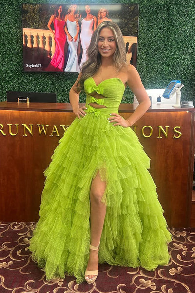 Chic A-Line Strapless Green Ruffle Tiered Tulle Long Prom Dress AB4050603
