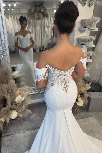 Elegant Mermaid Off the Shoulder Elastic Satin Wedding Dress with Appliques AB25112708