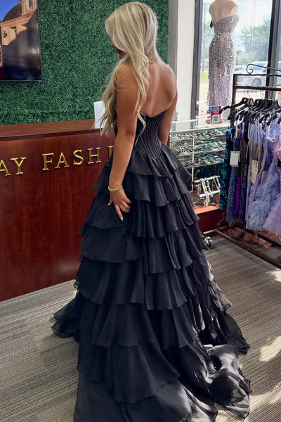 Cute A Line Sweetheart Black Chiffon Tiered Prom Dress with Beading AB26020609