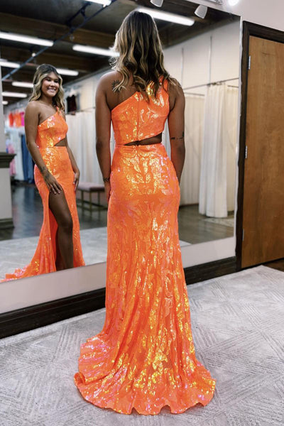 Cute Sparkly Mermaid One Shoulder Orange Sequins Long Prom Dresses with Slit AB110302