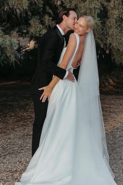 Fashion A Line Square Neck Satin Backless Long Wedding Dresses AB24100409