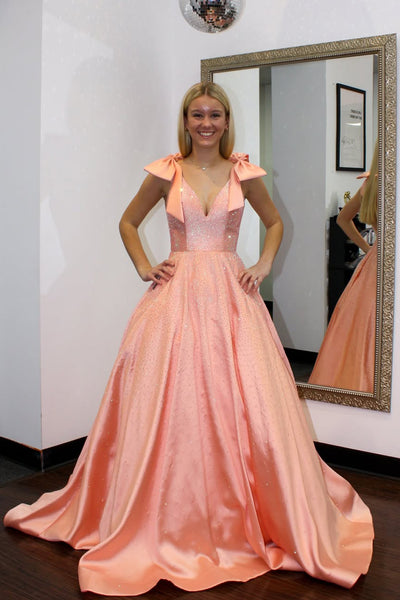 Glitter A Line V Neck Orange Satin Prom Dress with Hot Fix AB26012508
