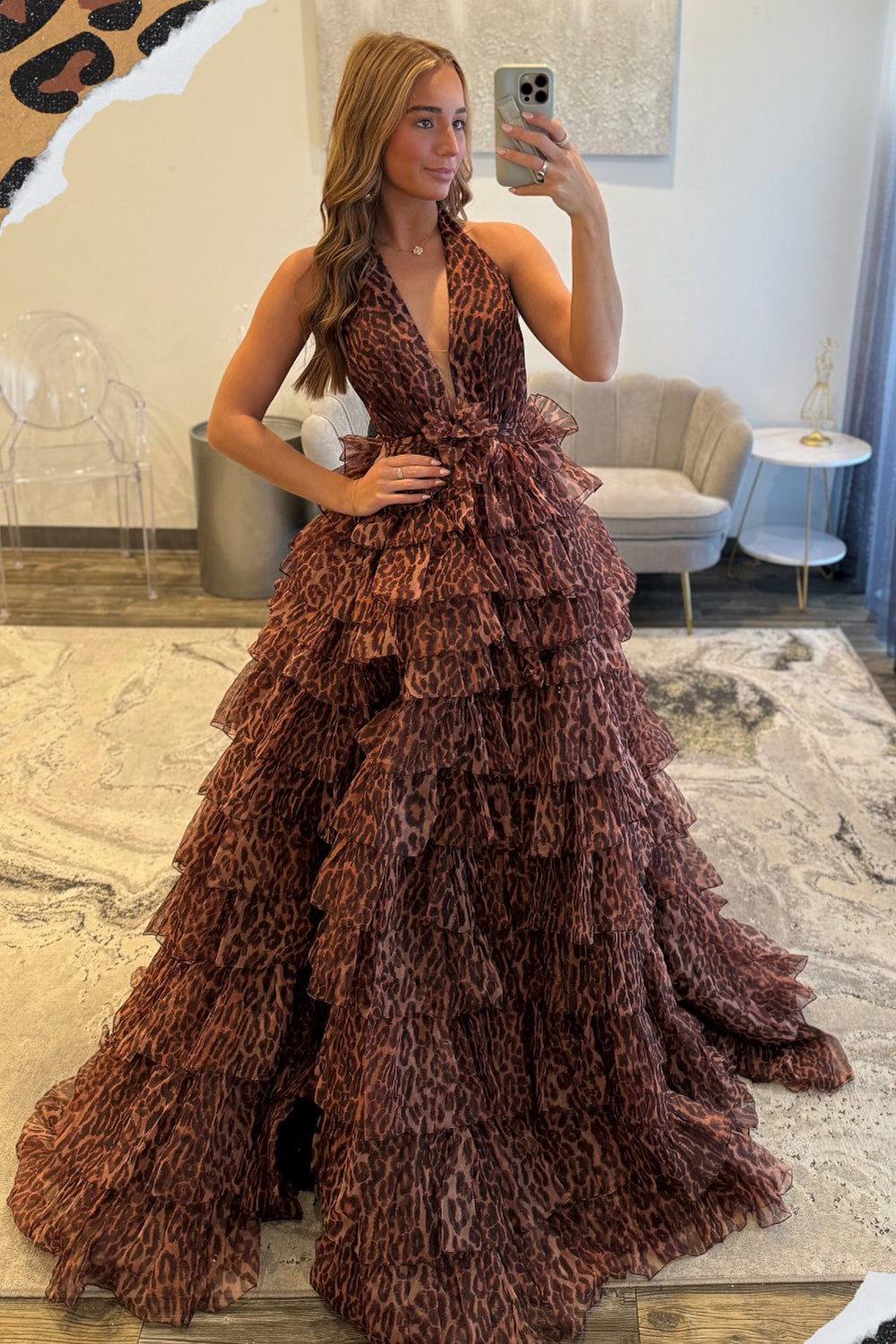 Cute A Line V Neck Leopard Print Chiffon Tiered Prom Dress AB25100108