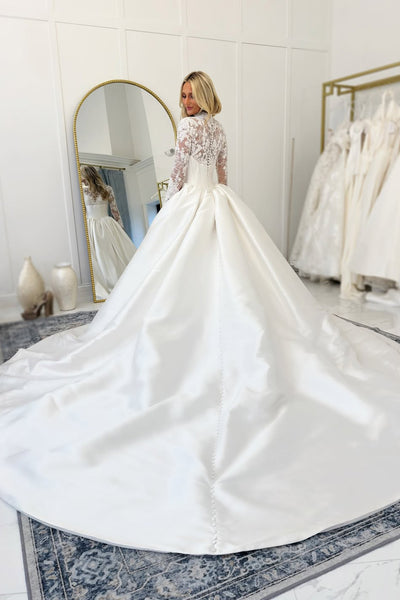 Elegant Ball Gown High Neck Satin Wedding Dress with Long Sleeves AB25112707