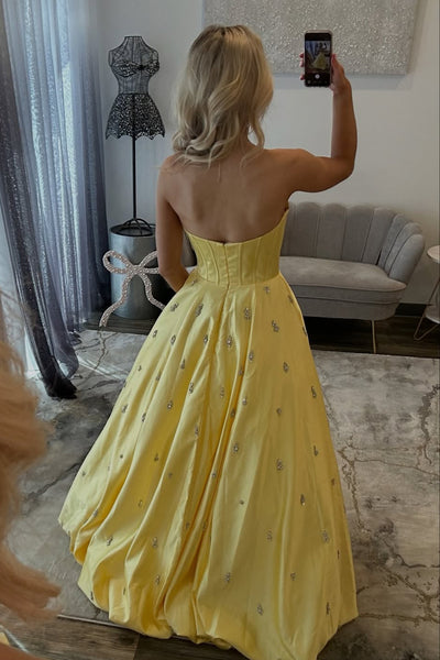 Gorgeous Ball Gown Scoop Neck Yellow Satin Prom Dress with Beading AB26031308