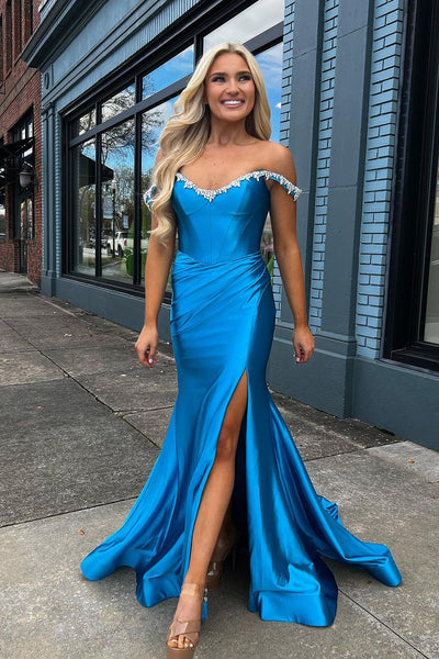 Charming Mermaid Off the Shoulder Royal Blue Satin Long Prom Dress with Slit AB112602