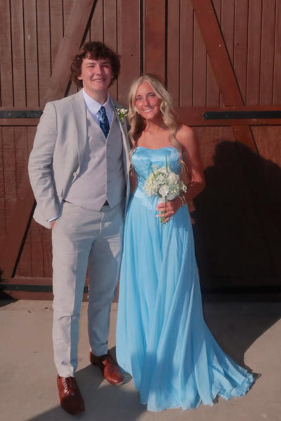 Cute A Line Strapless Light Blue Chiffon Prom Dress with Bow AB26040508