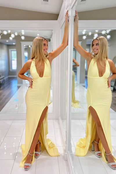 Charming Mermaid Deep V Neck Yellow Elastic Satin Long Prom Dresses with Slit AB24101110