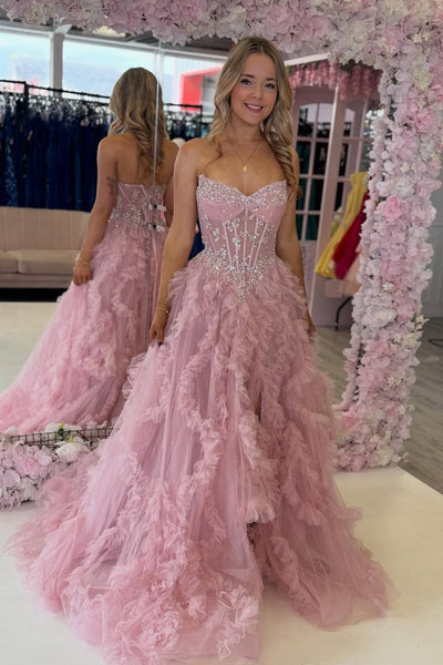 Cute A Line V Neck Blush Pink Tulle Tiered Prom Dress with Beading AB25110202