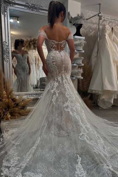 Elegant Mermaid Off the Shoulder Lace Wedding Dresses with Train AB25050201
