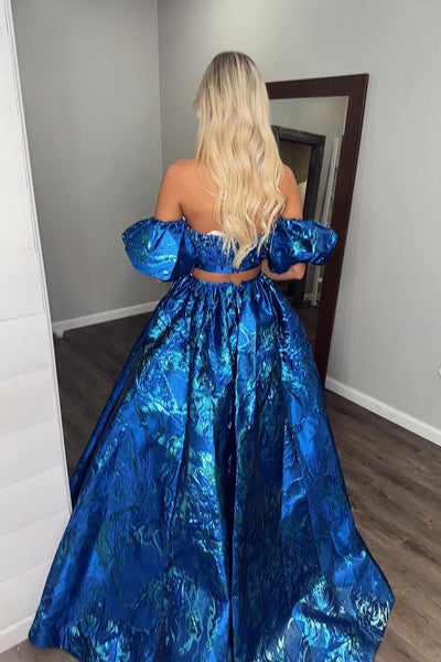 Two Piece Strapless Royal Blue Jacquard Long Prom Dresses with Pockets AB25032901