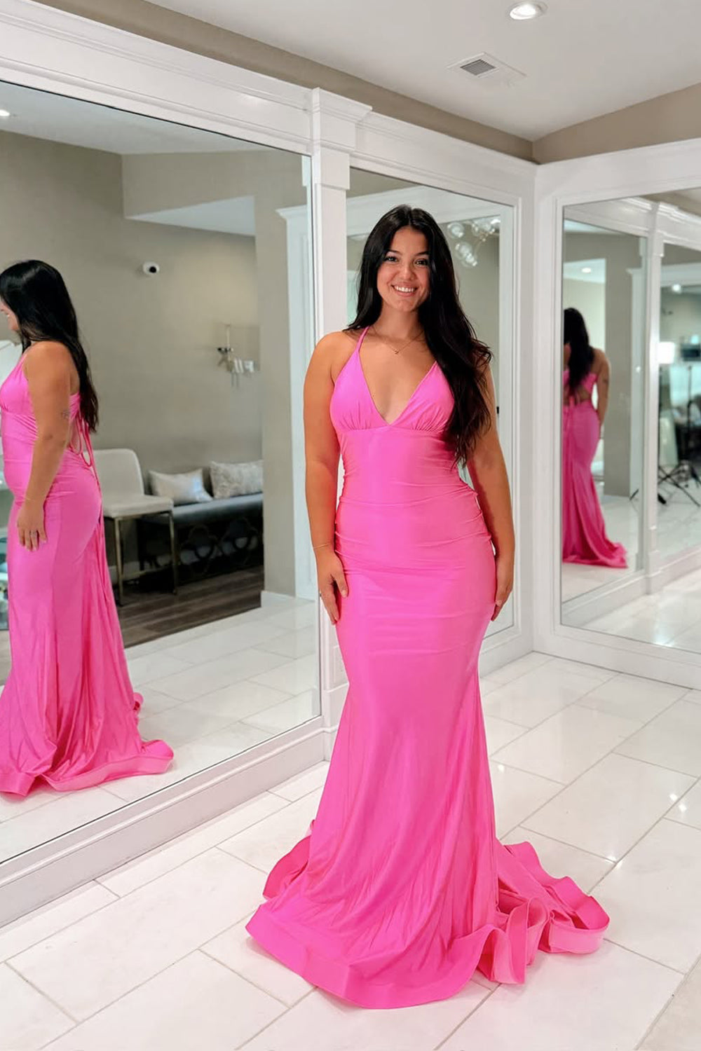 Charming Mermaid V Neck Pink Satin Prom Dress AB25111403