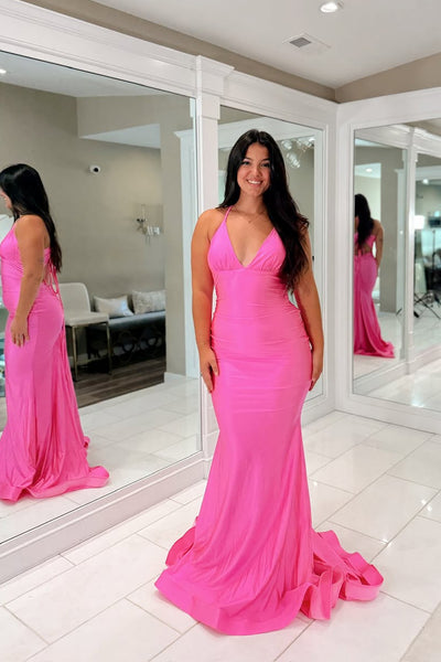 Charming Mermaid V Neck Pink Satin Prom Dress AB25111403