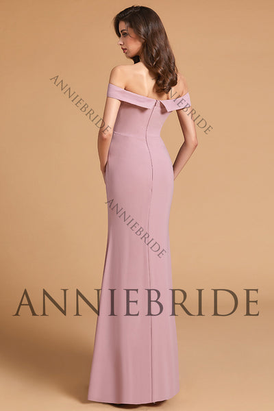 Elegant Sheath Off the Shoulder Blush Pink Elastic Satin Long Bridesmaid Dresses with Slit ABBD061807