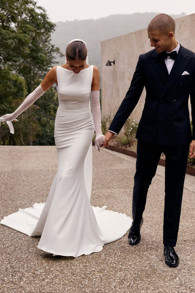 Elegant Mermaid Boat Neck Satin Wedding Dress AB26060811