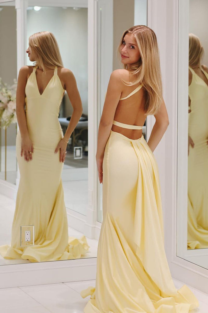 Mermaid Halter Backless Yellow Satin Long Prom Dress AB4020503 Anniebride Mermaid Halter Backless Yellow Satin Long Prom Dress AB4020503 Anniebride