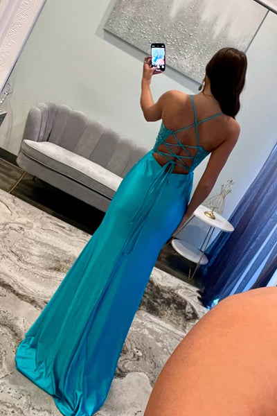 Charming Mermaid Sweetheart Blue Satin Long Prom Dress with Appliques AB25012703