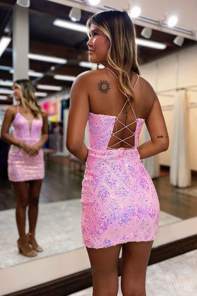 Cute Bodycon V Neck Pink Sequins Homecoming Dresses with Lace-up Back AB081802