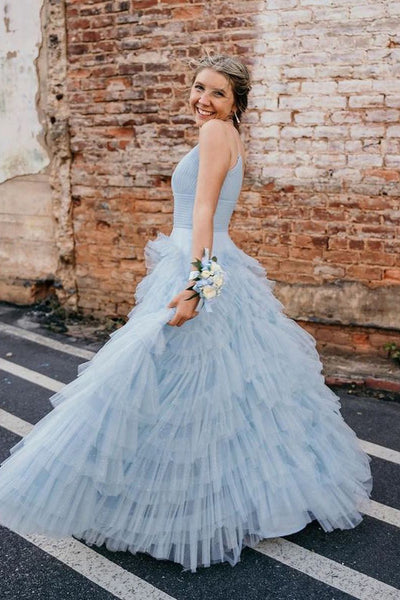 Beautiful A-Line V Neck Sky Blue Tulle Long Prom Dresses AB061812