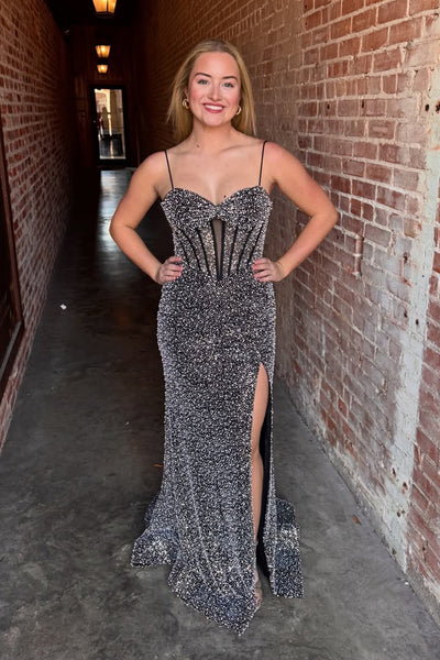 Sparkly Mermaid Sweetheart Black Sequins Long Prom Dress with Slit AB26031307