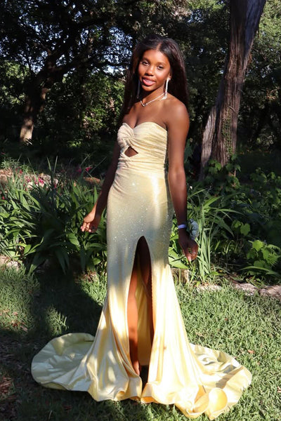Cute Mermaid Sweetheart Yellow Hot Fix Satin Prom Dress with Slit AB26052408