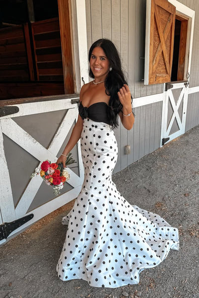 Mermaid Sweetheart White Black Dot Satin Prom Dress AB26040517