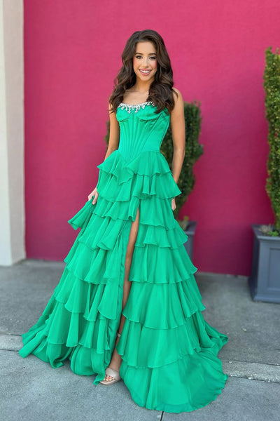 Cute A Line Scoop Neck Green Chiffon Tiered Prom Dress with Beading AB25112705