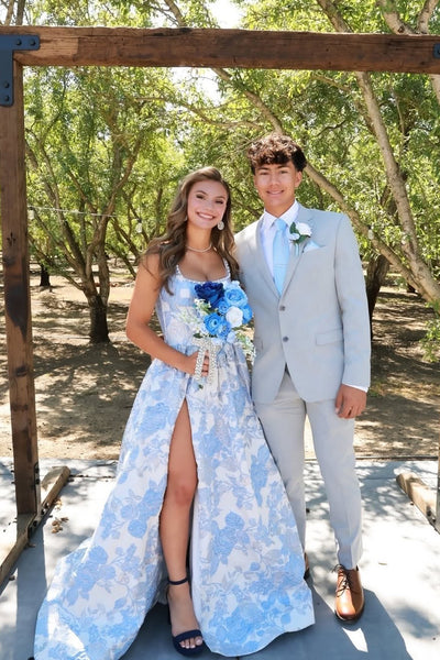 Cute A Line Square Neck Jacquard Satin Prom Dress with Slit AB26060110