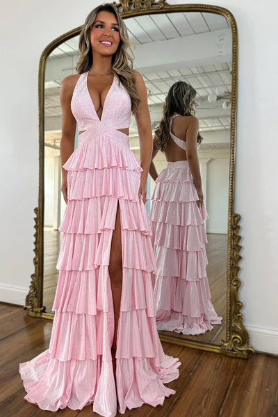 Sparkly A Line Deep V Neck Fuchsia Hot Stone Beading Prom Dress with Slit AB24111503