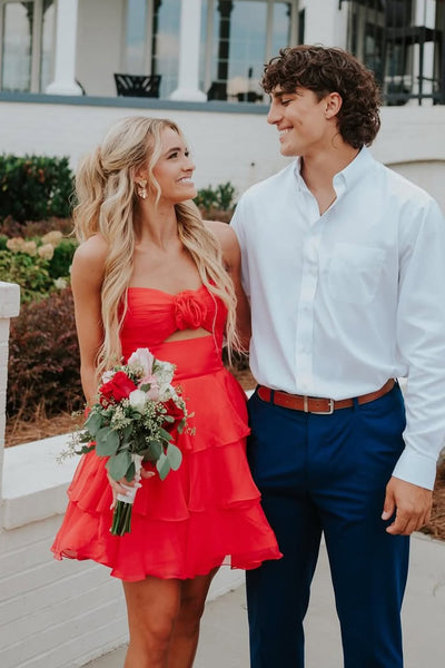 Cute A Line V Neck Keyhole Red Tiered Chiffon Homecoming Dress AB25100409