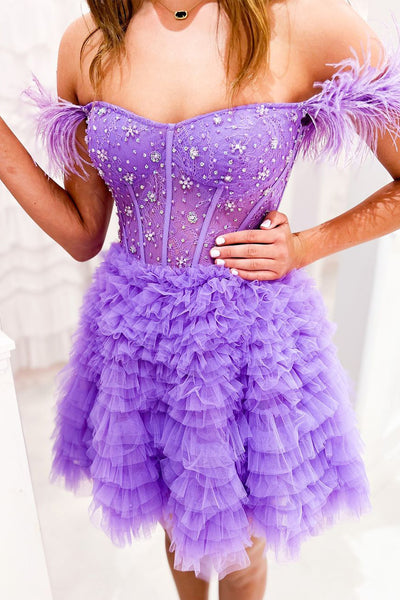 Sweet A Line Off the Shoulder Purple Tulle Short Homecoming Dresses with Beading AB091505