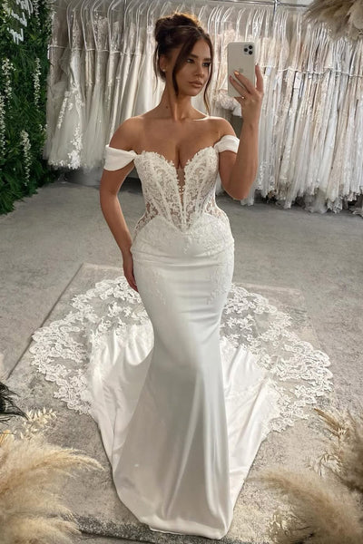 Elegant Mermaid Off the Shoulder Elastic Satin Wedding Dress with Lace AB26012912