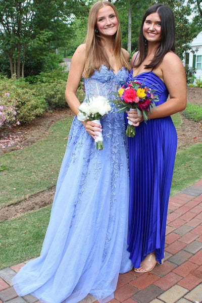 Cute A Line Sweetheart Blue Tulle Long Prom Dresses with Appliques AB24100908