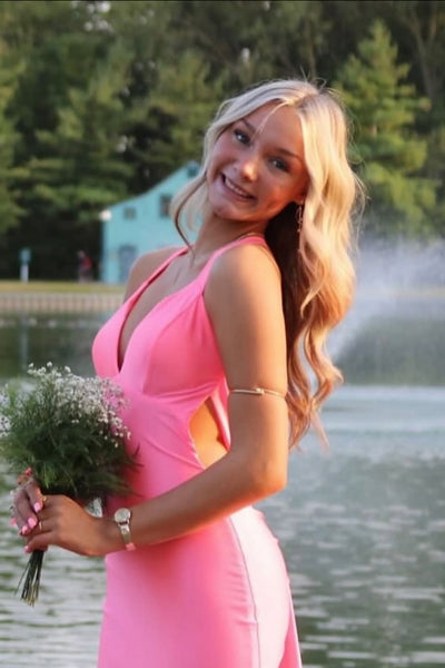 Charming Mermaid V Neck Hot Pink Elasitc Satin Prom Dress AB25092705