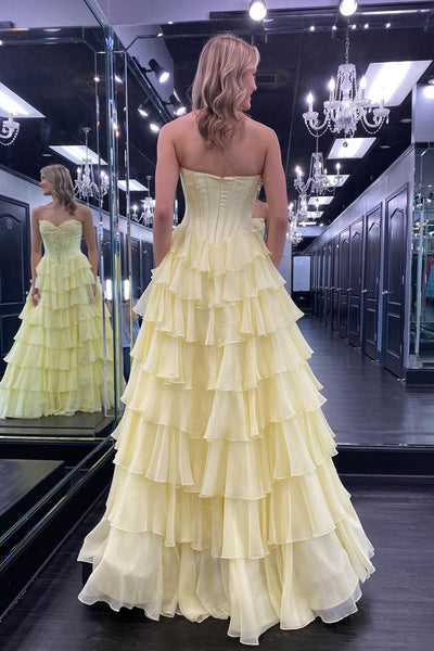 Cute A Line Sweetheart Daffodil Tiered Chiffon Prom Dress with Appliques AB26020306