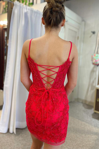 Cute Bodycon V Neck Red Satin Short Homecoming Dresses with Beaded AB062202